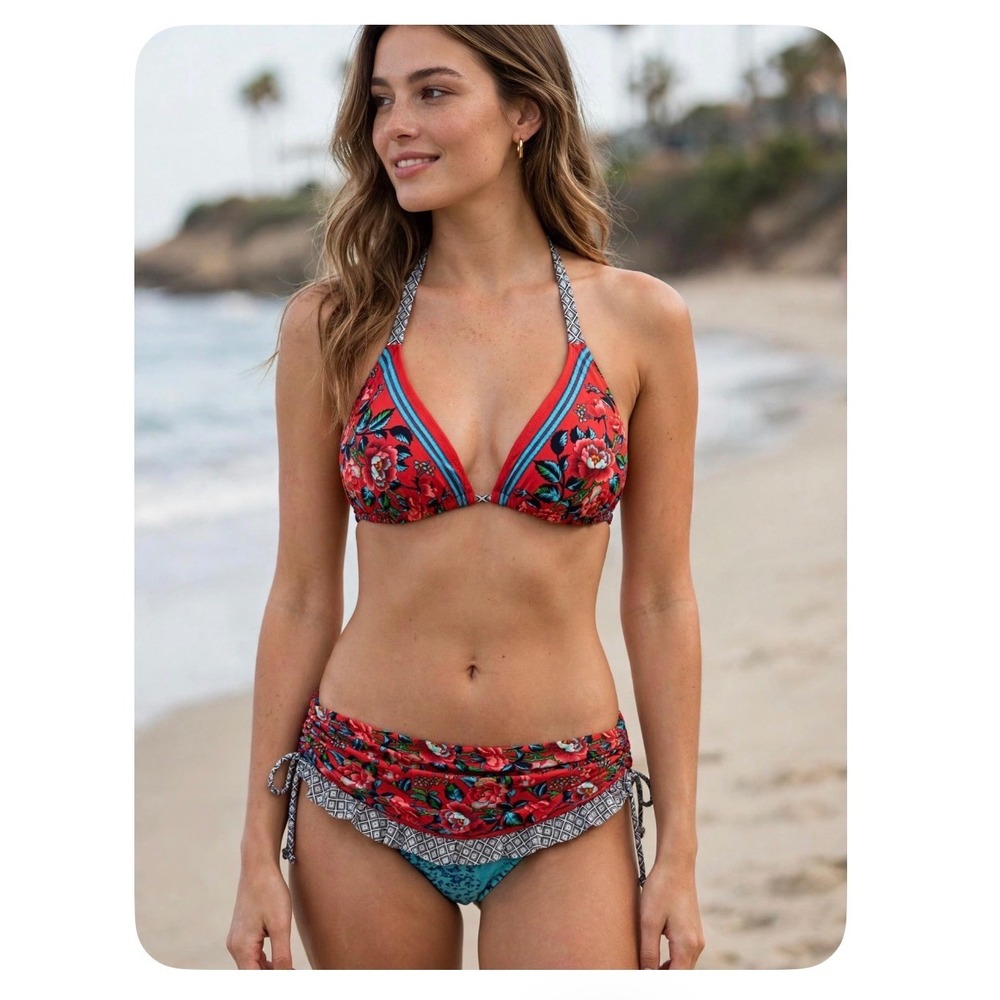 Profile by Gottex Blush Bikini Set Coral Red Floral Halter D-Cup Large Z501-142D